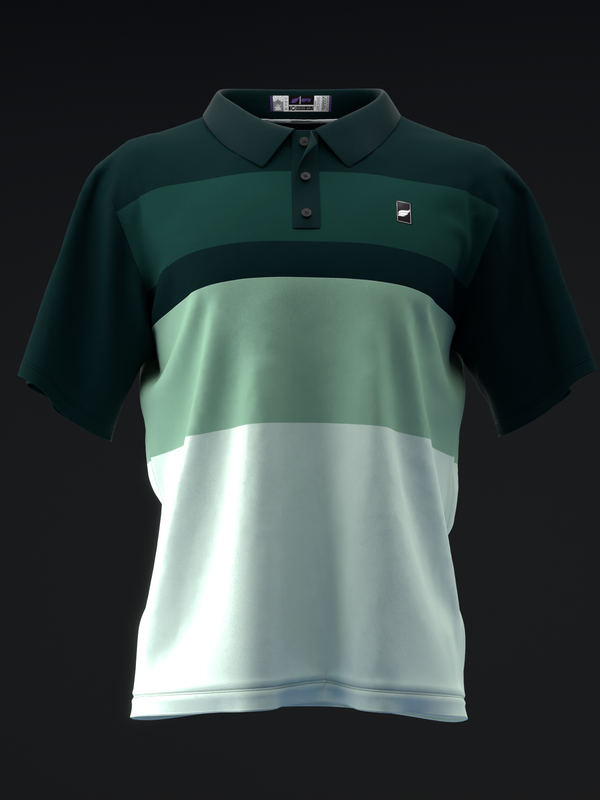 Dark green and white colorblock bowling polo shirt, front view