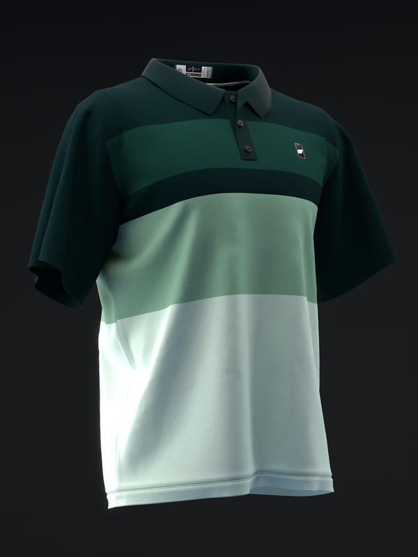 Dark and light green color-blocked polo shirt with white stripe detail