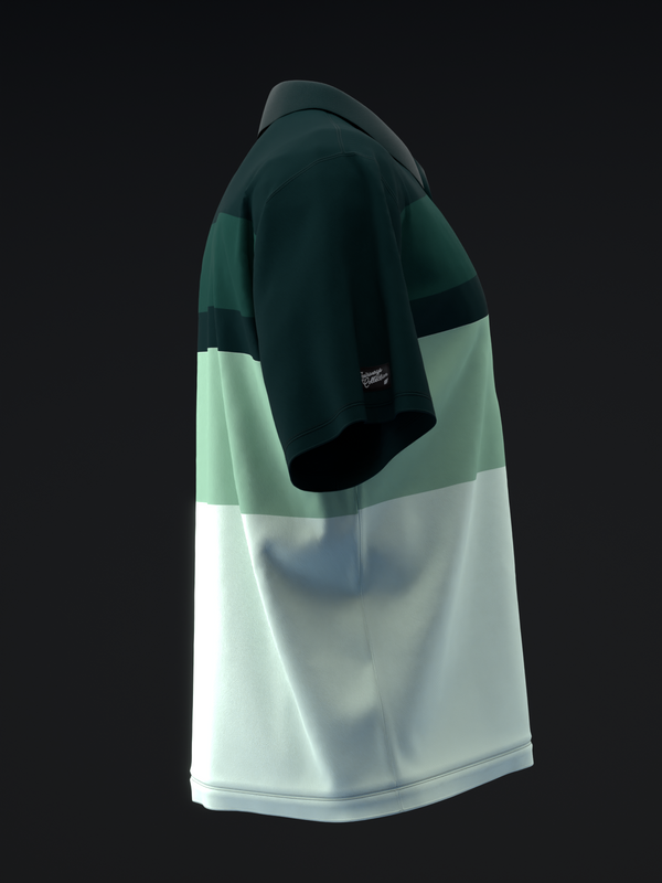 Dark green and white color-block bowling polo shirt, side view
