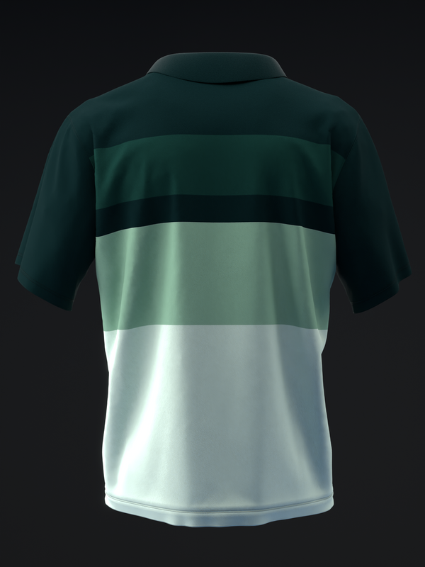 Polo shirt back view with dark teal, sage green, and white horizontal stripes