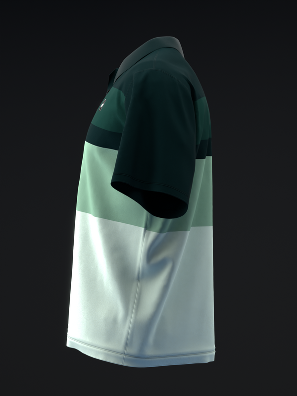 Dark green and white color-block bowling polo, side view