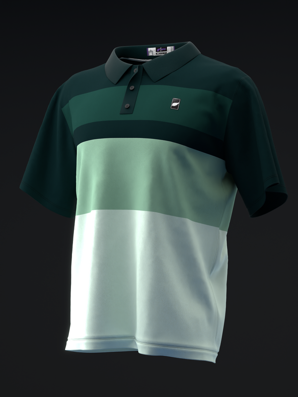 Front view of dark green, sage green, and white color-blocked bowling polo shirt