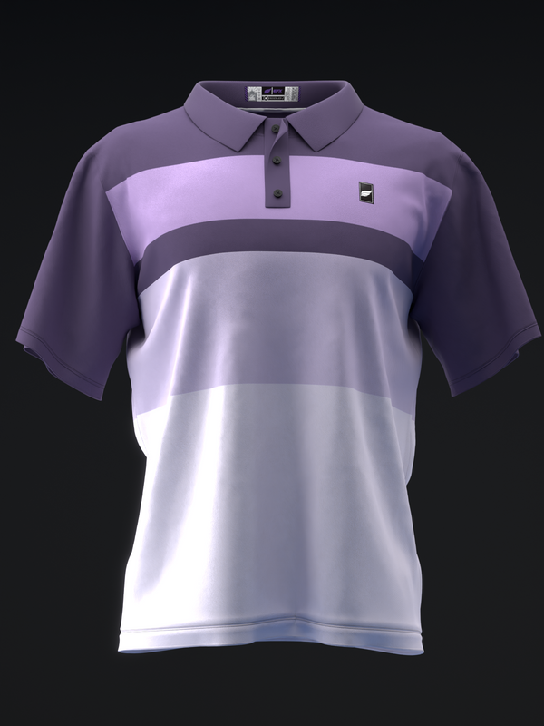 Purple and white bowling polo with horizontal colorblock stripes, front view