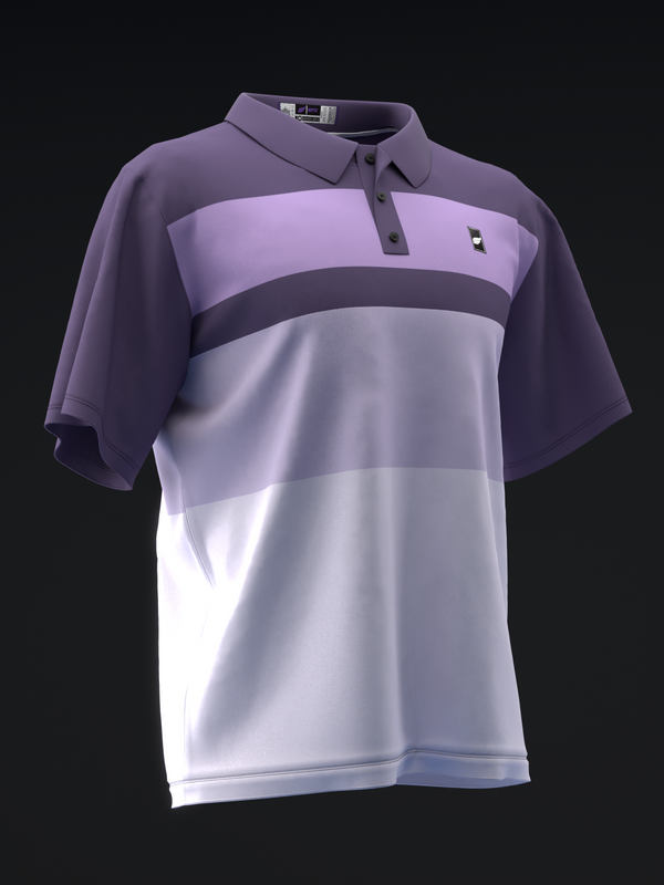 Purple and white color-blocked bowling polo shirt, front view