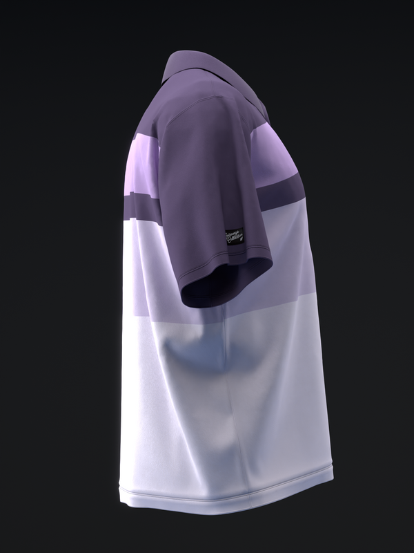 Purple and white bowling polo shirt with dark stripe detail, side view