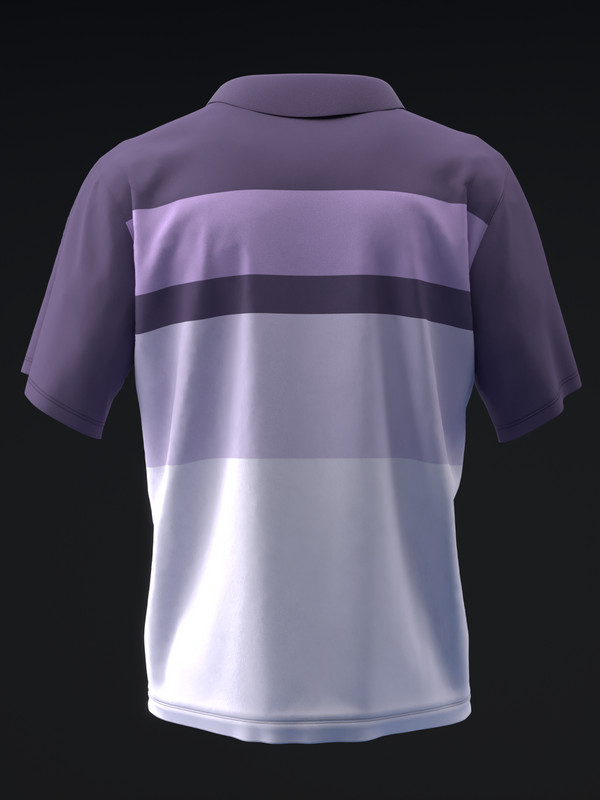 Purple and lavender striped bowling polo shirt, back view