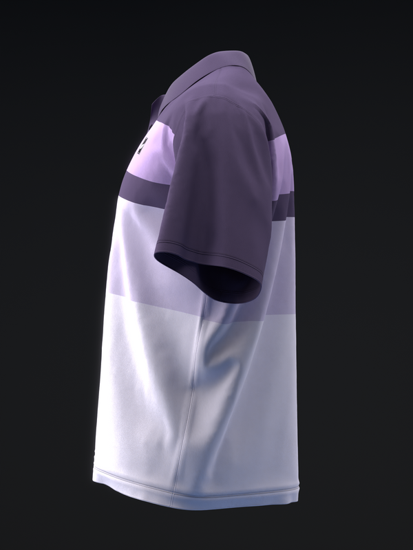 Purple and white bowling polo with contrasting shoulder stripes, side view