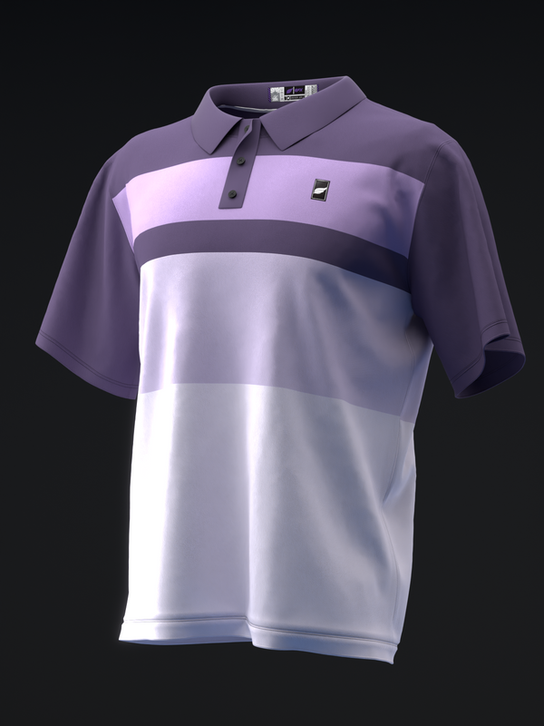 Purple and white color-block bowling polo shirt with collar detail, front view