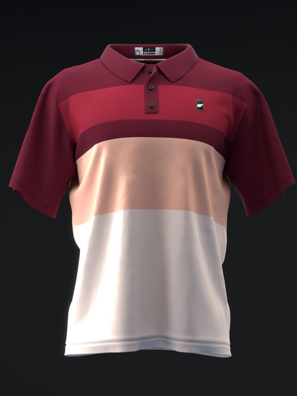 Burgundy, coral, and white color-block bowling polo shirt, front view