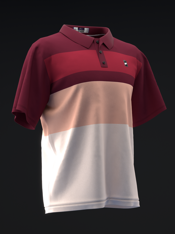 Burgundy, peach, and white colorblock bowling polo shirt, front view