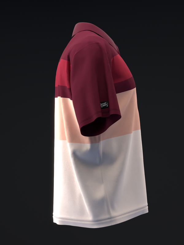 Burgundy and white color-block bowling polo shirt, side view