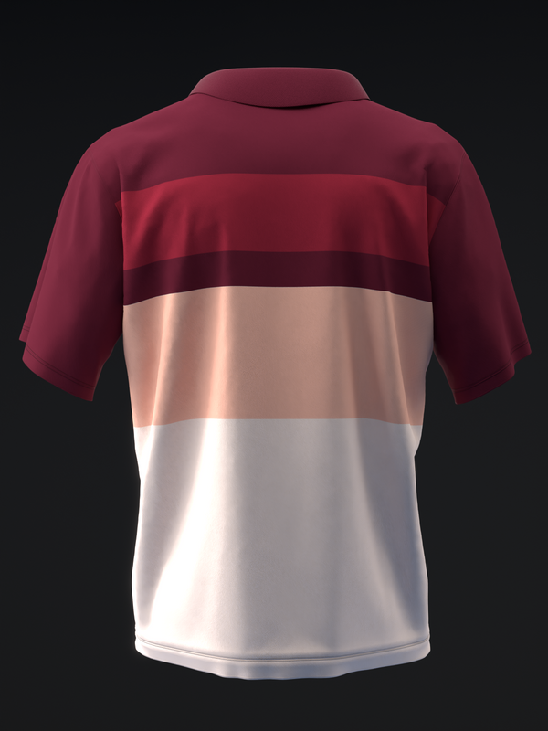 Bowling polo shirt with horizontal color-blocked stripes, back view displayed