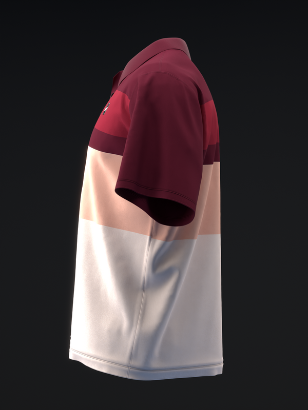 Burgundy and white colorblock bowling polo, side view showing striped sleeves