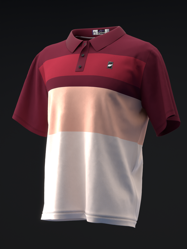 Burgundy and white colorblock bowling polo with peach stripe detail, front view