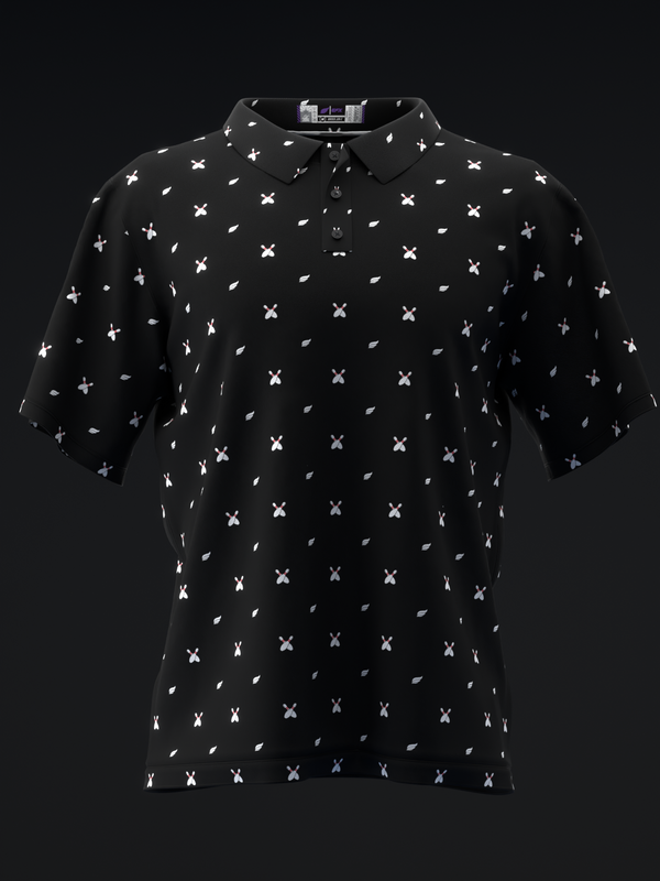 Black bowling polo with white crossed pins and leaf pattern throughout