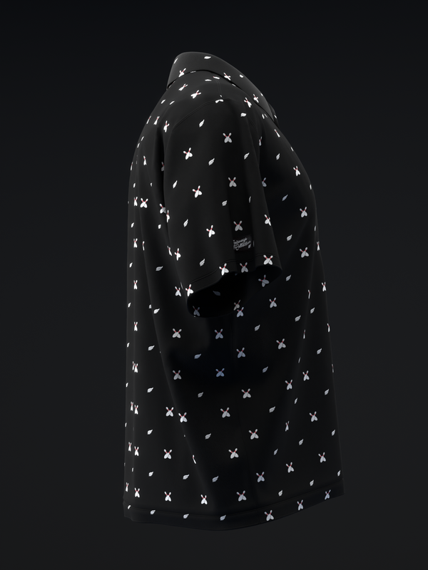 Black bowling polo with white X and pin pattern throughout
