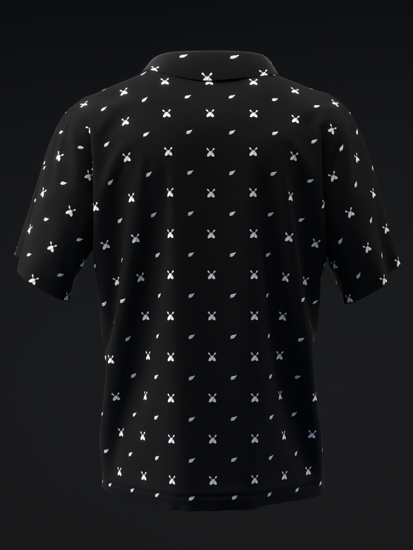 Black bowling polo with white X and leaf pattern throughout