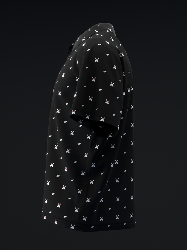 Black bowling polo with white X and leaf scattered pattern, side view