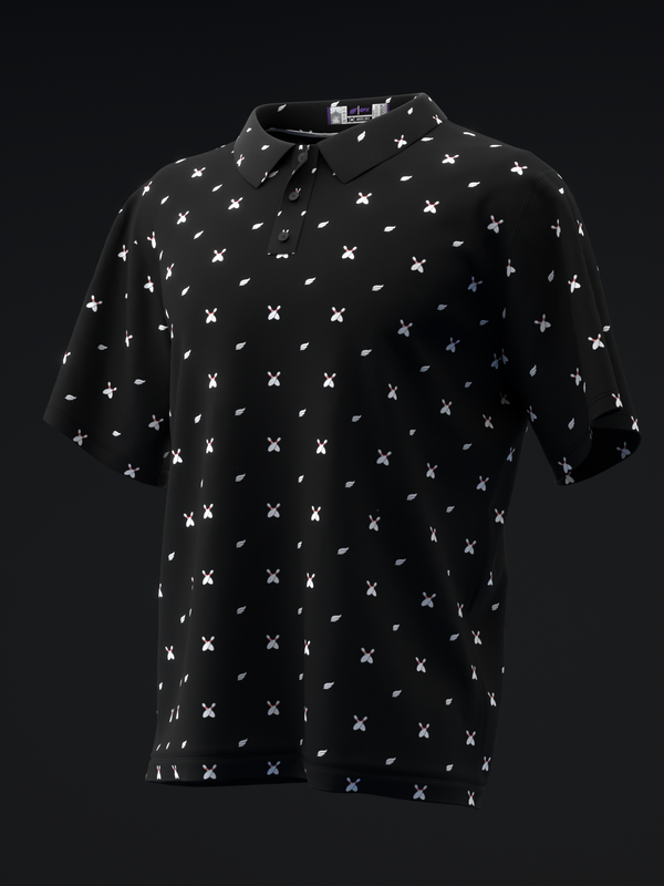 Black bowling polo with white X and dash pattern throughout front view