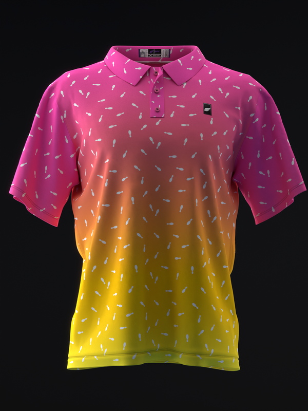Pink to yellow gradient polo shirt with scattered dash pattern throughout
