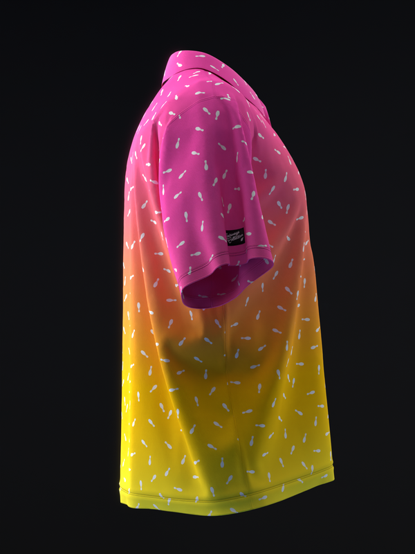 Bowling polo with neon pink to yellow gradient and confetti pattern, side view