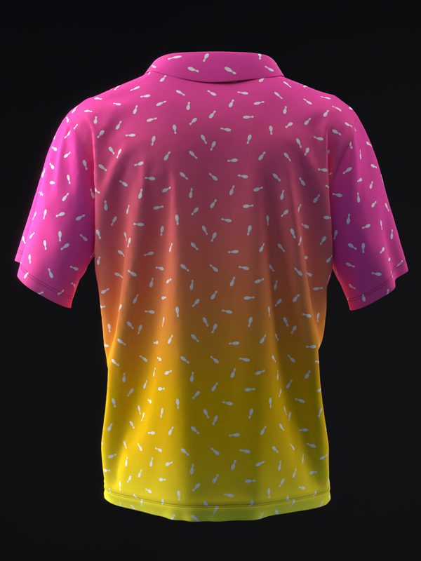 Bowling polo shirt with gradient from neon pink to yellow, scattered dash pattern throughout