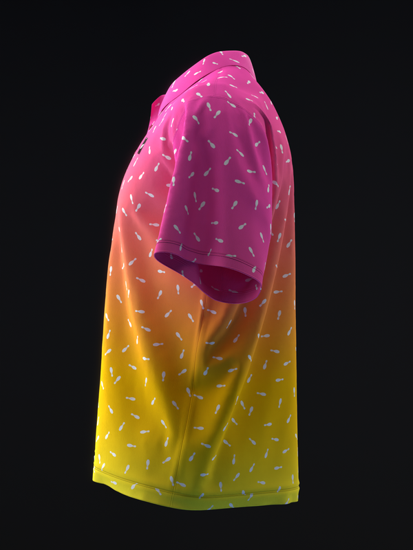 Bowling polo with gradient neon pink to yellow, small dash pattern throughout