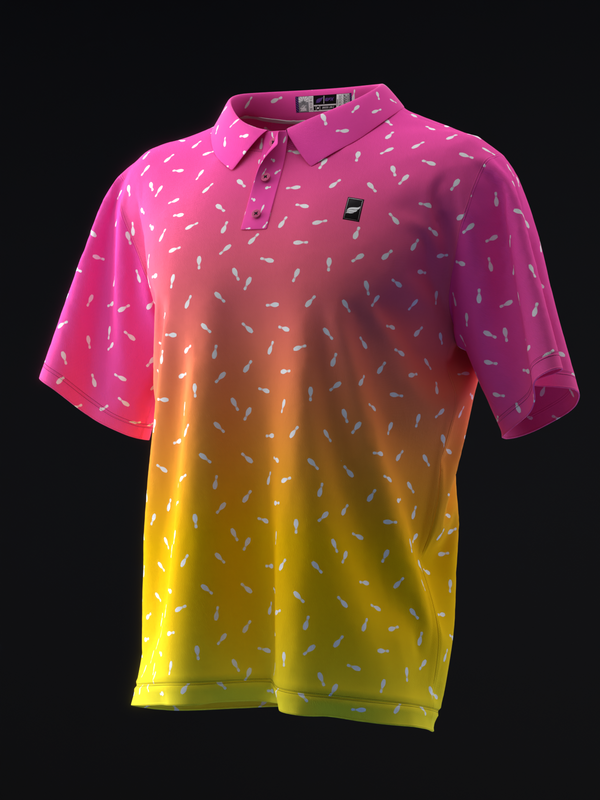 Bowling polo with gradient neon pink to yellow, all-over dash pattern