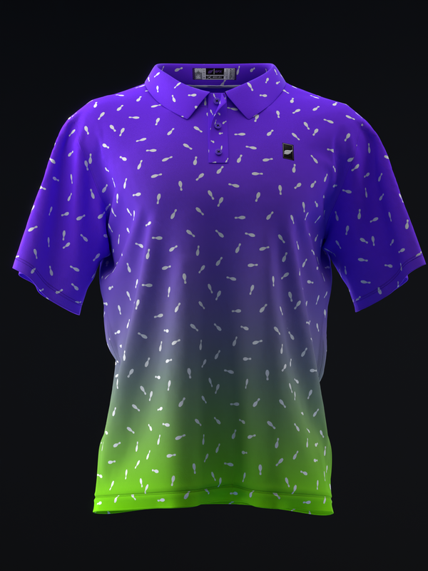 Purple to lime green gradient polo with repeating pin pattern throughout