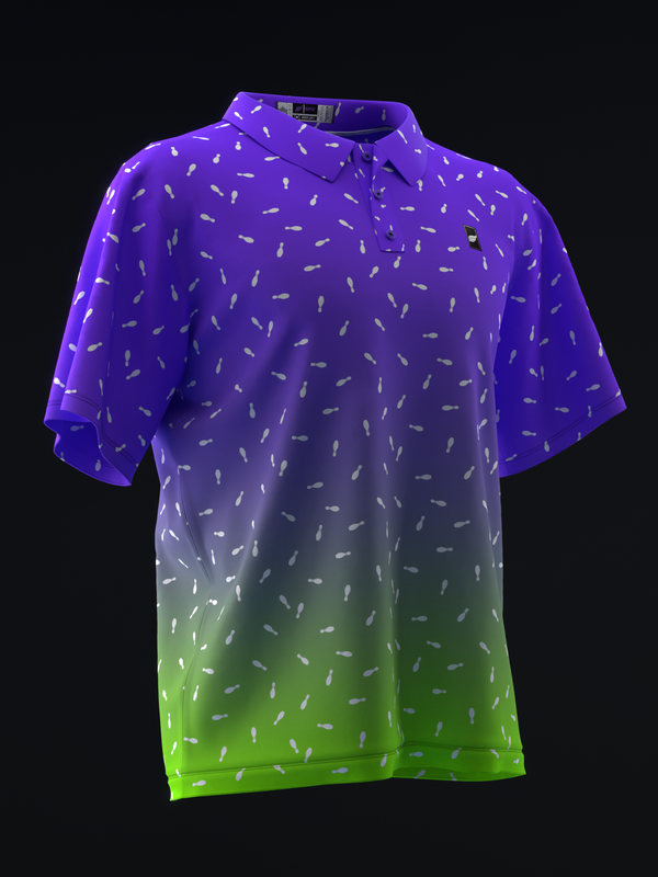 Purple to neon green ombre polo with scattered dash pattern throughout