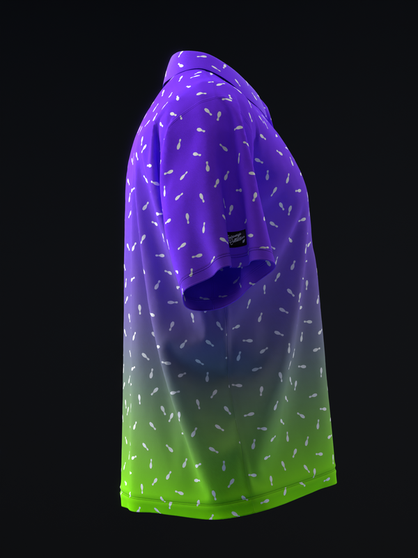 Purple to neon green gradient polo with repeating dash pattern throughout