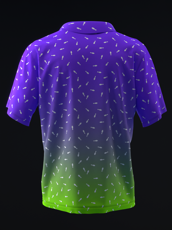 Purple to neon green gradient bowling polo with scattered pin pattern, back view