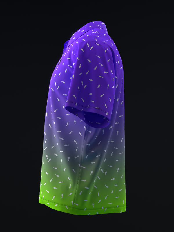 Purple to neon green gradient bowling polo with scattered dash pattern throughout