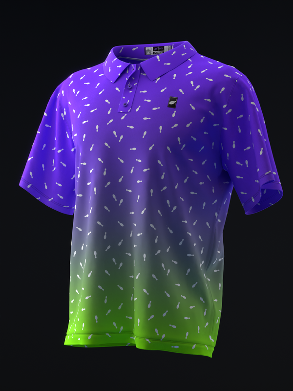 Purple to neon green gradient bowling polo with small repeating pin pattern