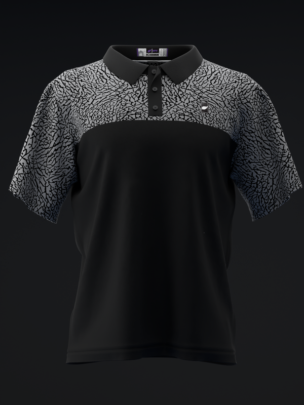 Black polo with textured abstract pattern on sleeves and collar, front view