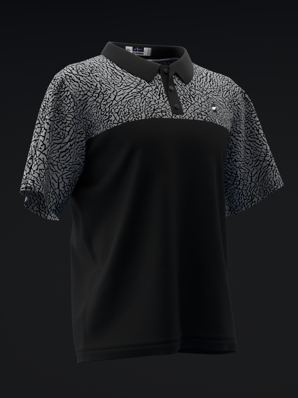 Black polo shirt with abstract textured pattern on shoulders and sleeves, front view