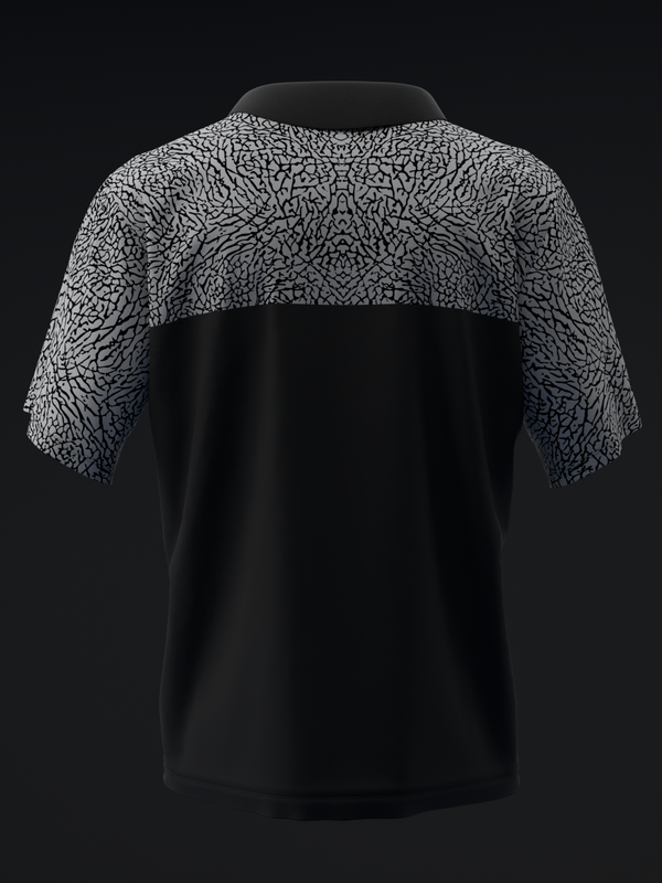 Black bowling polo with abstract textured pattern on shoulders and sleeves