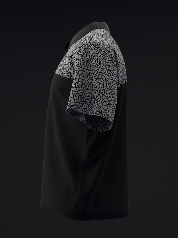Black polo shirt with gray crackle texture pattern on front chest area
