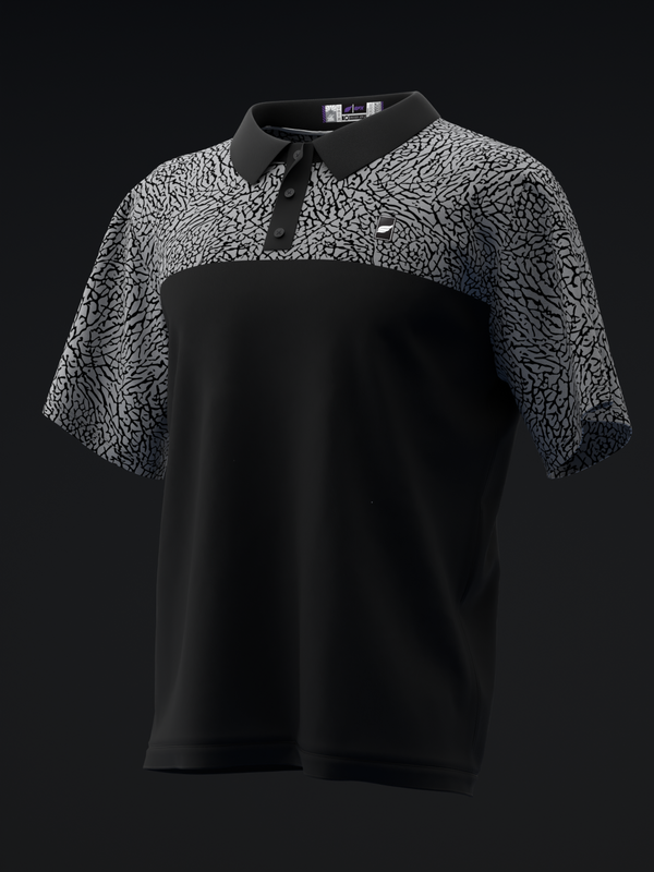 Black polo shirt with textured animal print sleeves and solid front panel