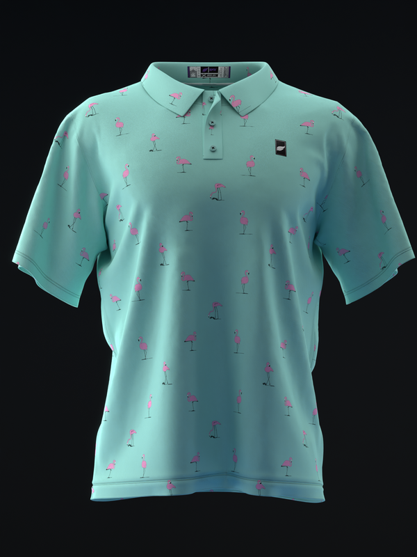 Mint green polo shirt with pink flamingo print throughout, front view