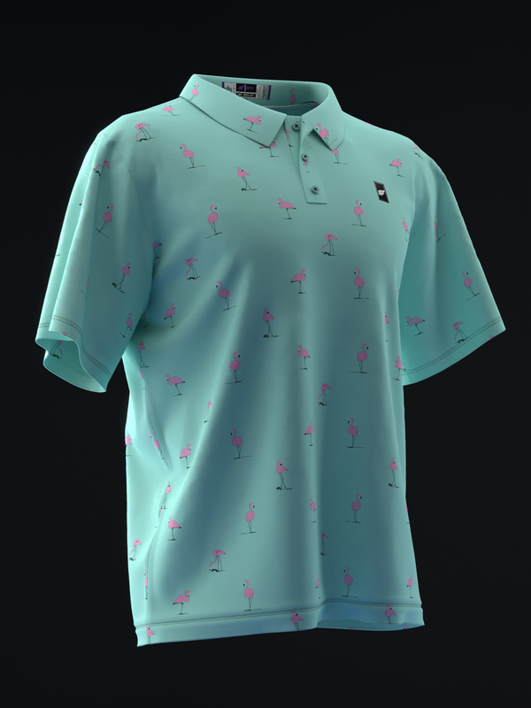 Mint green polo shirt with repeating pink flamingo print, front view