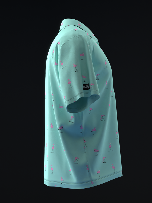 Light teal polo shirt with small pink flamingo print throughout, side view