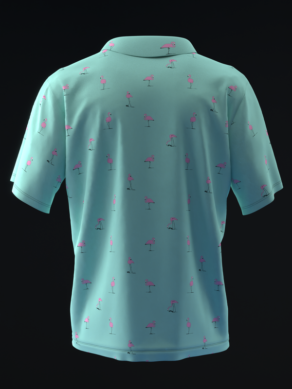 Teal bowling polo with pink flamingo pattern, back view