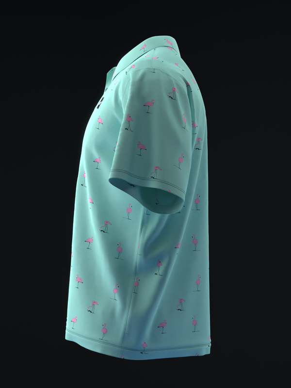 Light teal bowling polo with repeating pink flamingo print throughout