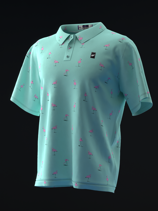 Light teal polo shirt with pink flamingo pattern throughout front view
