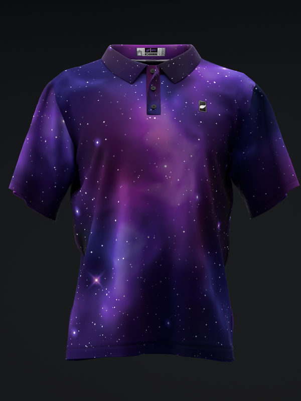 Purple and blue galaxy pattern bowling polo shirt, front view