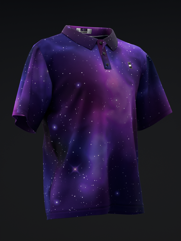 Purple and navy bowling polo with galaxy star pattern throughout front view