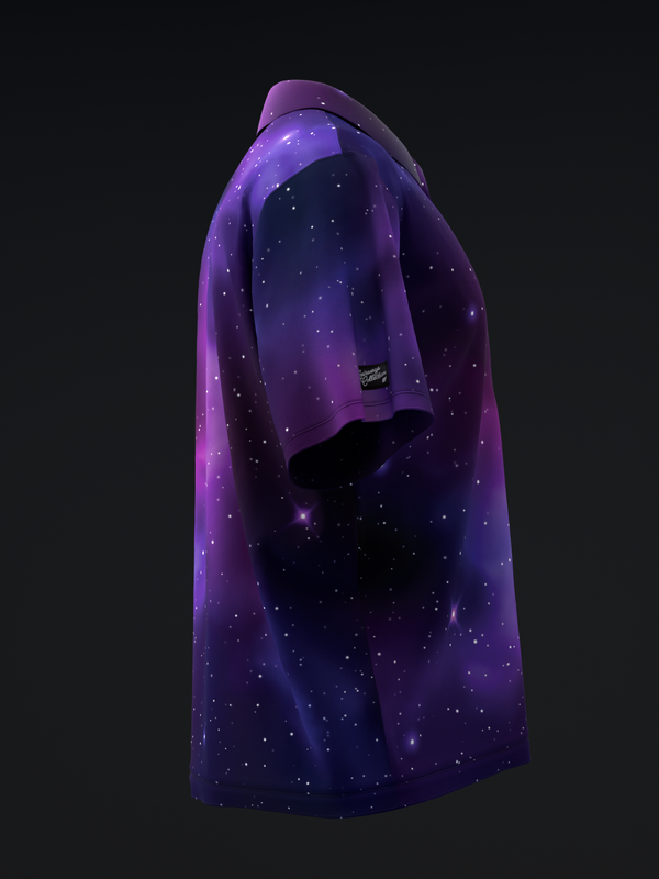 Purple bowling polo with galaxy and star pattern, side view