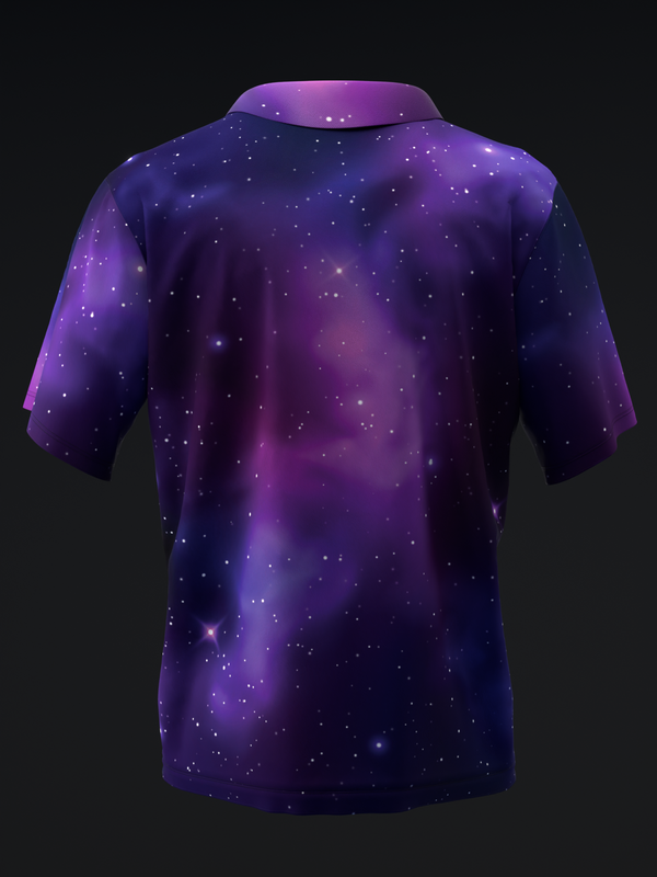 Purple and navy galaxy-patterned bowling polo, back view with stars