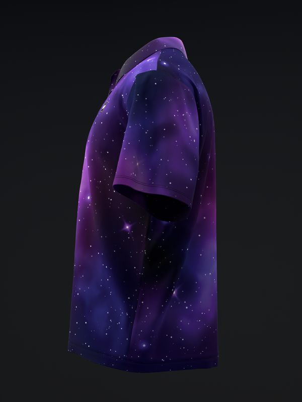 Purple and navy bowling polo with scattered star and galaxy pattern